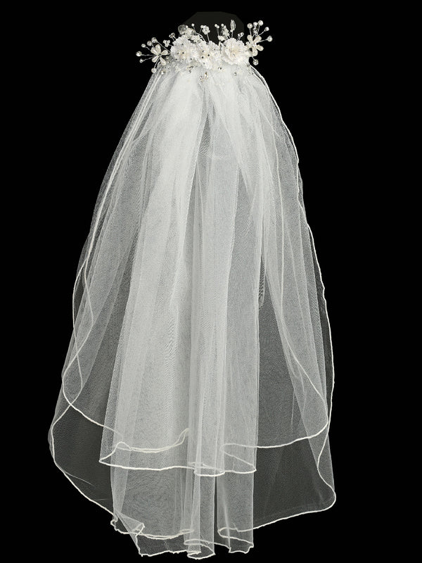 Lito Girls White 24 Inch Rhinestone Pearl Corded Flower Comb Communion Veil - SophiasStyle.com