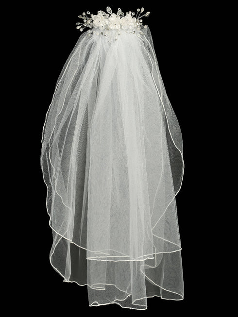 Lito Girls White 24 Inch Rhinestone Organza Corded Flower Comb Communion Veil - SophiasStyle.com