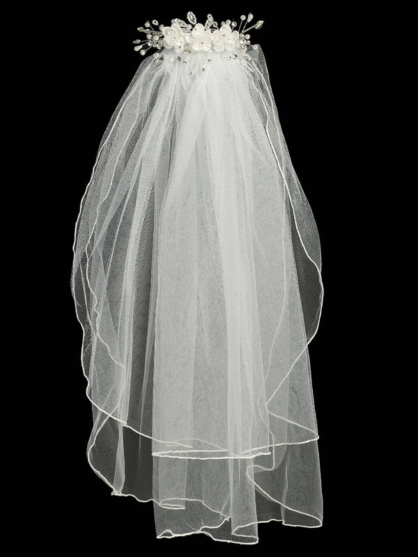 Lito Girls White 24 Inch Rhinestone Organza Corded Flower Comb Communion Veil - SophiasStyle.com