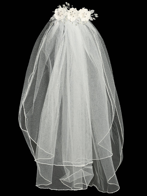 Girls White 24 Inch Rhinestone Pearl Silk Organza Flower Comb Communion Veil - SophiasStyle.com