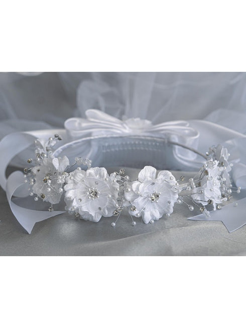 Lito Girls White Silk Organza Flowers 24 Inches Communion Flower Girl Veil - SophiasStyle.com