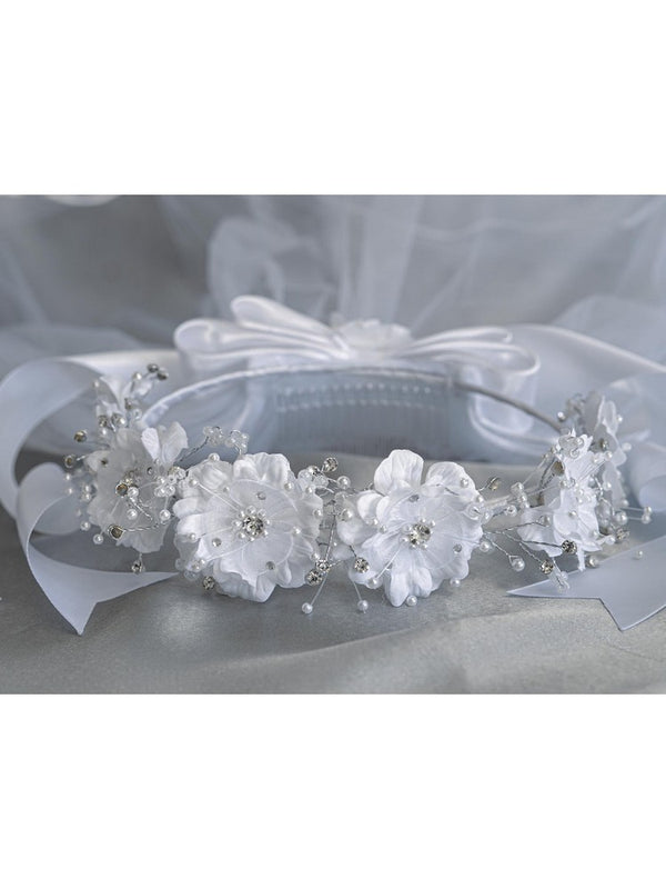 Lito Girls White Silk Organza Flowers 24 Inches Communion Flower Girl Veil - SophiasStyle.com