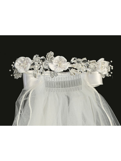 Lito Girls White Satin Crystal Flowers 24 Inches Communion Flower Girl Veil - SophiasStyle.com