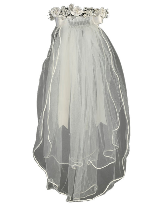 Lito Girls White Satin Crystal Flowers 24 Inches Communion Flower Girl Veil - SophiasStyle.com