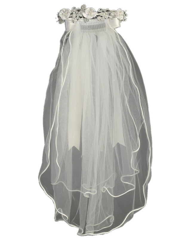 Lito Girls White Satin Crystal Flowers 24 Inches Communion Flower Girl Veil - SophiasStyle.com