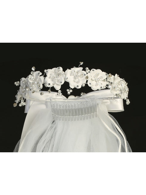 Lito Girls White Satin Flowers Bows 24 Inches Communion Flower Girl Veil - SophiasStyle.com