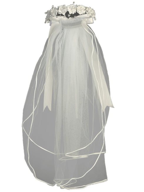 Lito Girls White Satin Flowers Bows 24 Inches Communion Flower Girl Veil - SophiasStyle.com