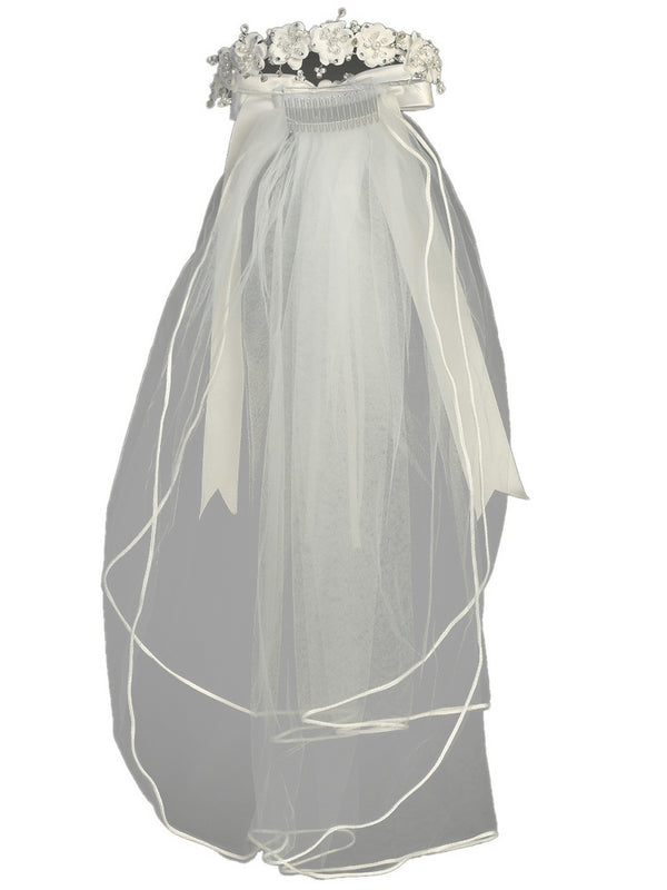Lito Girls White Satin Flowers Bows 24 Inches Communion Flower Girl Veil - SophiasStyle.com
