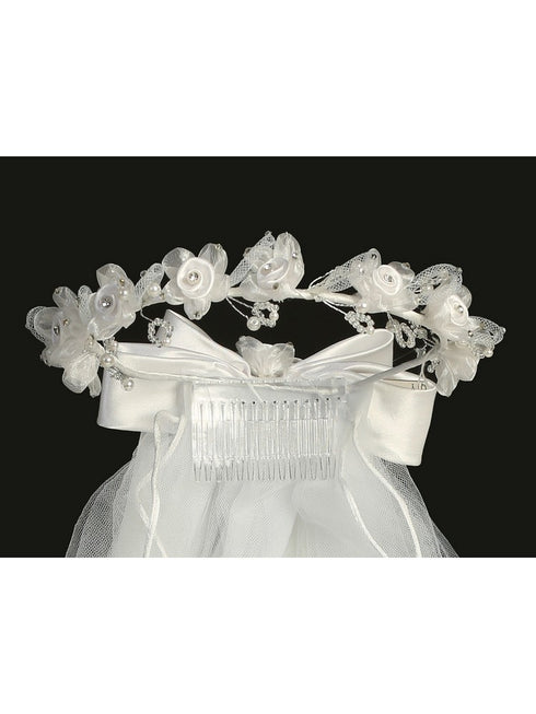 Lito Girls White Satin Rose Flowers Rhinestones 24 Inches Special Occasion Veil - SophiasStyle.com