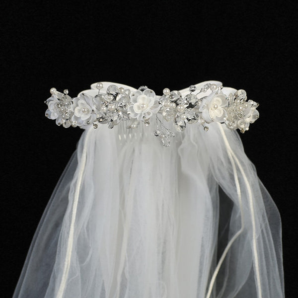Lito White Crystal Flower Organza Satin Bow Special Occasion 24" Veil Tiara - SophiasStyle.com