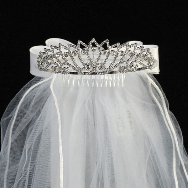 Lito Girls White Rhinestone Satin Bow Special Occasion 24" Veil Tiara - SophiasStyle.com