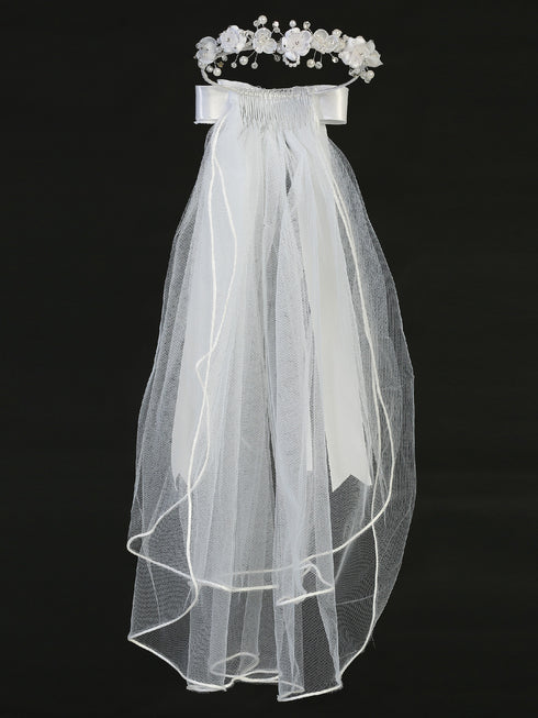Lito Girls White 24 Inch Pearl Rhinestone Organza Flower Bow Communion Veil - SophiasStyle.com
