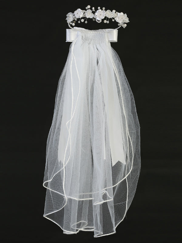 Lito Girls White 24 Inch Pearl Rhinestone Organza Flower Bow Communion Veil - SophiasStyle.com