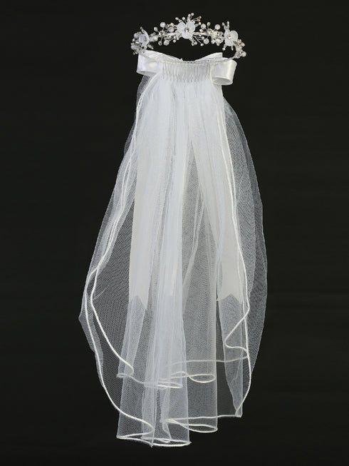 Lito Girls White 24 Inch Rhinestone Pearl Organza Flower Bow Communion Veil - SophiasStyle.com
