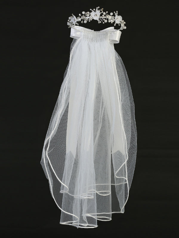 Lito Girls White 24 Inch Rhinestone Pearl Organza Flower Bow Communion Veil - SophiasStyle.com