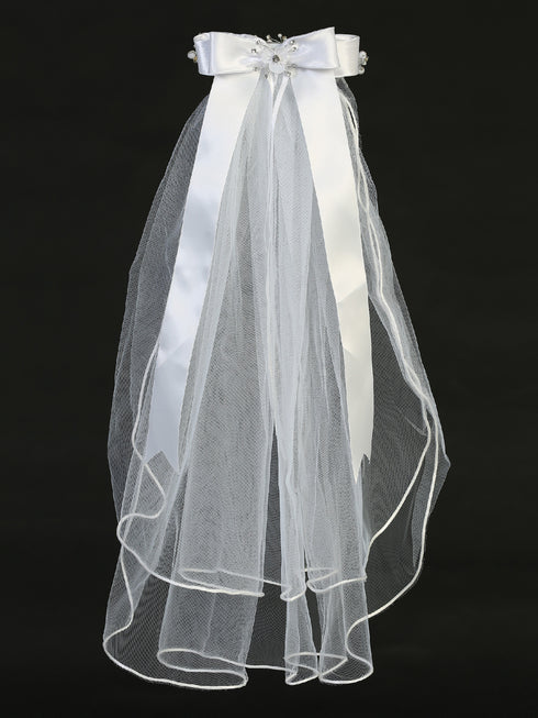 Lito Girls White 24 Inch Rhinestone Pearl Organza Flower Bow Communion Veil - SophiasStyle.com