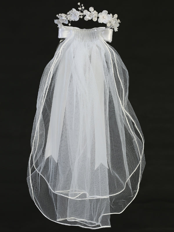 Lito Girls White 24 Inch Rhinestone Pearl Organza Flower Back Bow Communion Veil - SophiasStyle.com