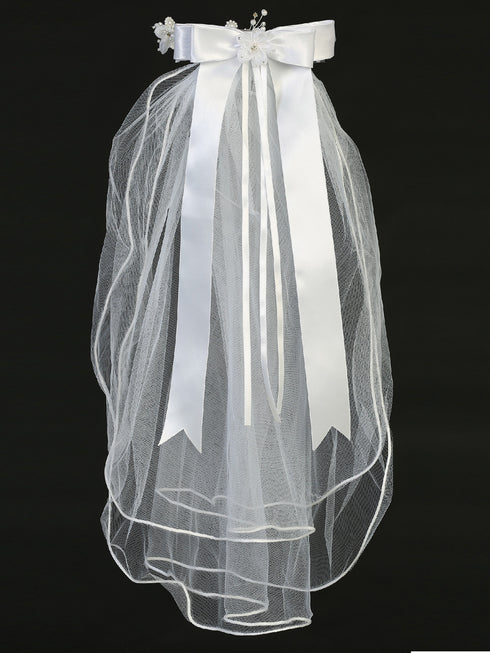 Lito Girls White 24 Inch Rhinestone Pearl Organza Flower Back Bow Communion Veil - SophiasStyle.com