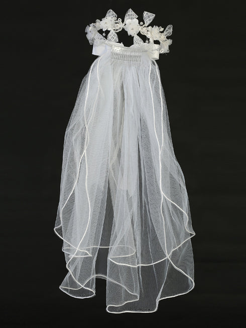 Lito Girls White 24 Inch Organza Flower Lace Ribbon Satin Bow Communion Veil - SophiasStyle.com