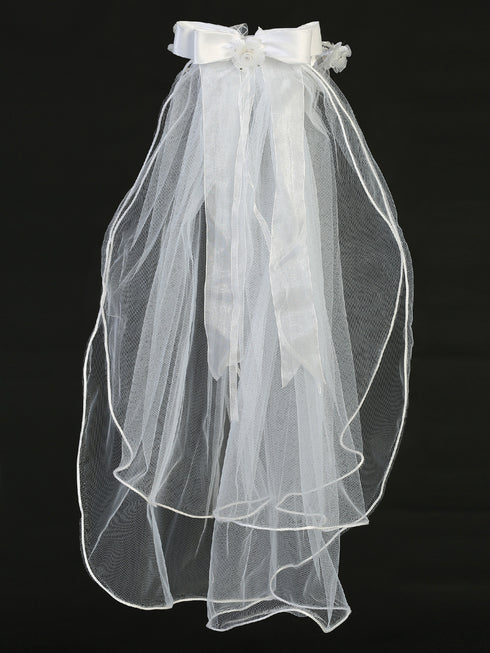 Lito Girls White 24 Inch Organza Flower Lace Ribbon Satin Bow Communion Veil - SophiasStyle.com