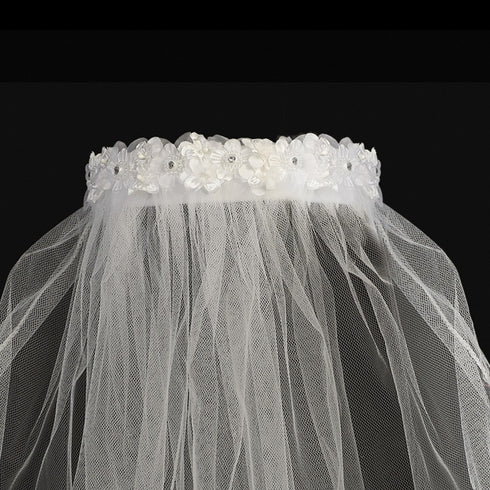 Lito Girls White Pearl Rhinestone Flowers Special Occasion 18" Veil Headband - SophiasStyle.com