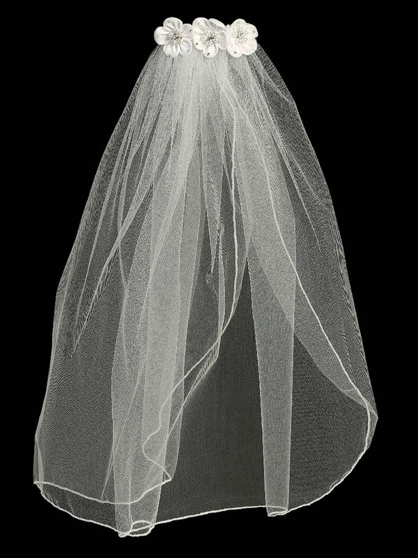 Lito Girls White 18 Inch Rhinestone Pearl Satin Flower Comb Communion Veil - SophiasStyle.com