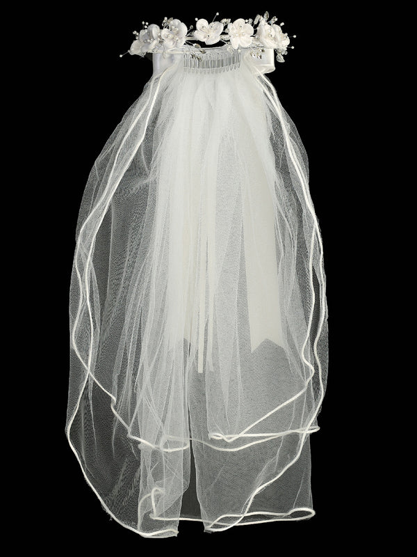 Lito Girls White 24 Inch Beads Pearl Satin Flower Satin Bow Comb Communion Veil - SophiasStyle.com