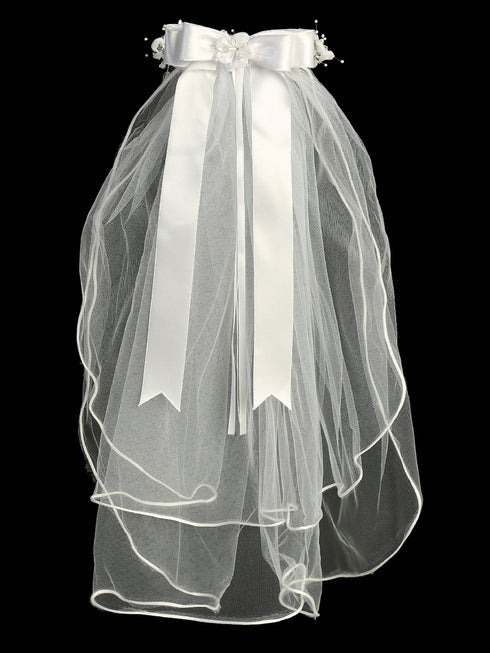 Lito Girls White 24 Inch Beads Pearl Satin Flower Satin Bow Comb Communion Veil - SophiasStyle.com