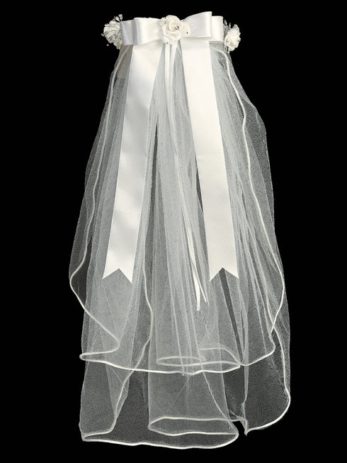 Lito Girls White 24 Inch Rhinestone Silk Flower Satin Bow Comb Communion Veil - SophiasStyle.com