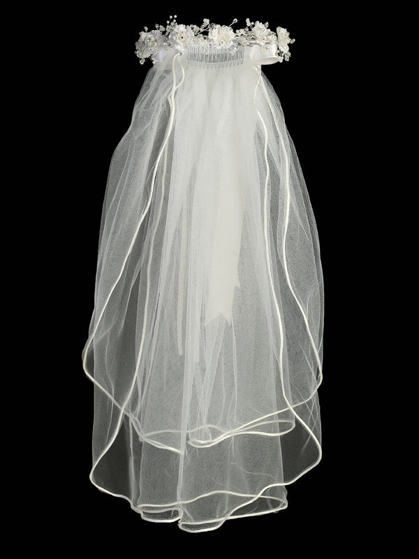 Lito Girls White 24 Inch Pearl Rhinestone Corded Flower Comb Communion Veil - SophiasStyle.com