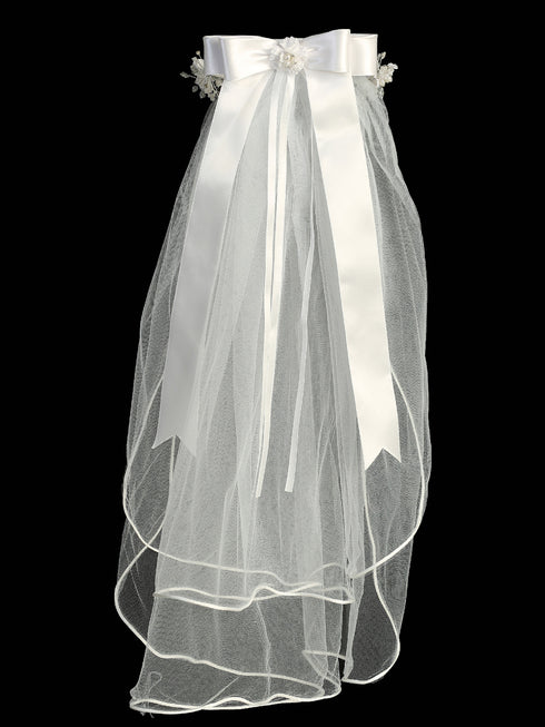 Lito Girls White 24 Inch Pearl Rhinestone Corded Flower Comb Communion Veil - SophiasStyle.com