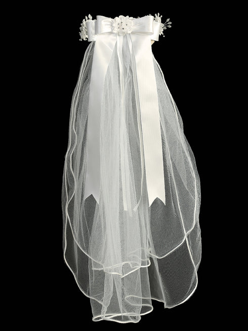 Lito Girls White 24 Inch Pearl Rhinestone Corded Flower Satin Bow Communion Veil - SophiasStyle.com