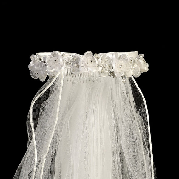 Lito Girls White Organza Flowers Rhinestone Pearl Special Occasion 24" Veil - SophiasStyle.com