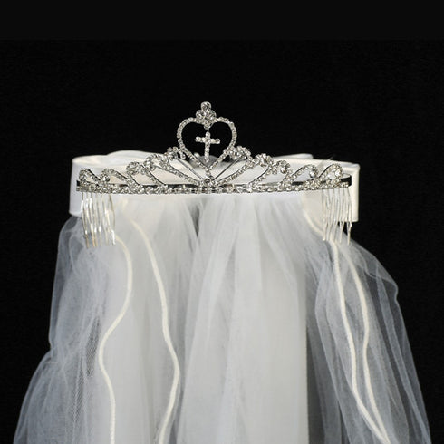 Lito Girls White Cross Rhinestone Satin Bow Communion 24" Veil Tiara - SophiasStyle.com