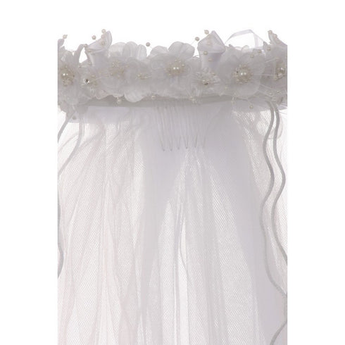 Rain Kids Girls White Pearl Flower Crown First Communion Flower Girl Veil - SophiasStyle.com