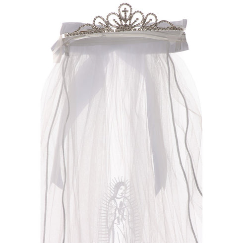 Rain Kids Girls White Virgin Mary Embroidery Communion Flower Girl Tiara Veil - SophiasStyle.com