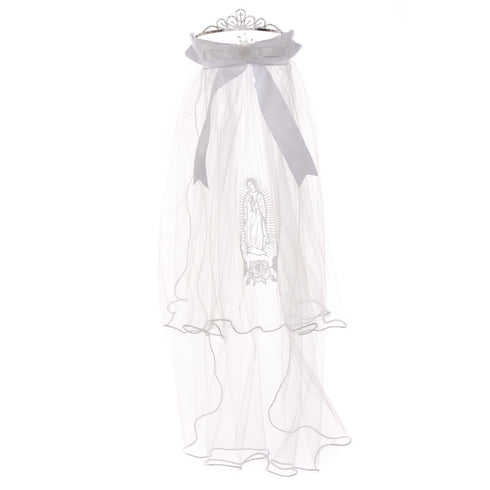 Rain Kids Girls White Virgin Mary Embroidery Communion Flower Girl Tiara Veil - SophiasStyle.com