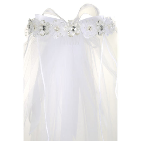 Rain Kids Girls White Crystal Flower Crown Communion Flower Girl Veil - SophiasStyle.com