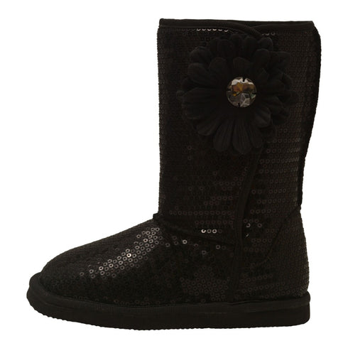 L'Amour Girls Black Sequin Gemstone Flower Applique Boots 2 Kids - SophiasStyle.com