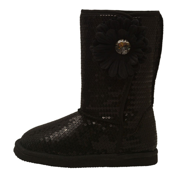 L'Amour Girls Black Sequin Gemstone Flower Applique Boots 2 Kids - SophiasStyle.com