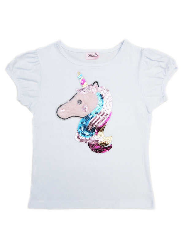 Girls White Unicorn Fur Sequins Short Sleeve Shirt 24M-10 - SophiasStyle.com