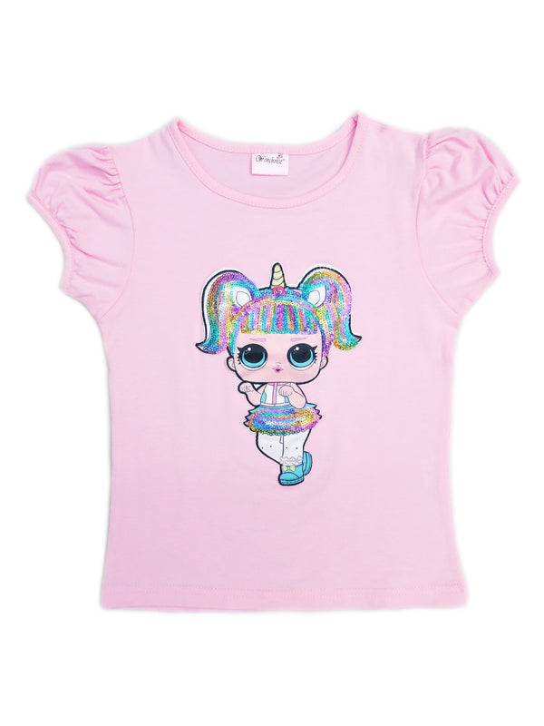 Girls Pink Unicorn LOL Sequins Short Sleeve Shirt 24M-10 - SophiasStyle.com