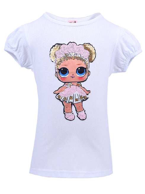 Girls White Flower Child LOL Sequins Short Sleeve Shirt 24M-10 - SophiasStyle.com