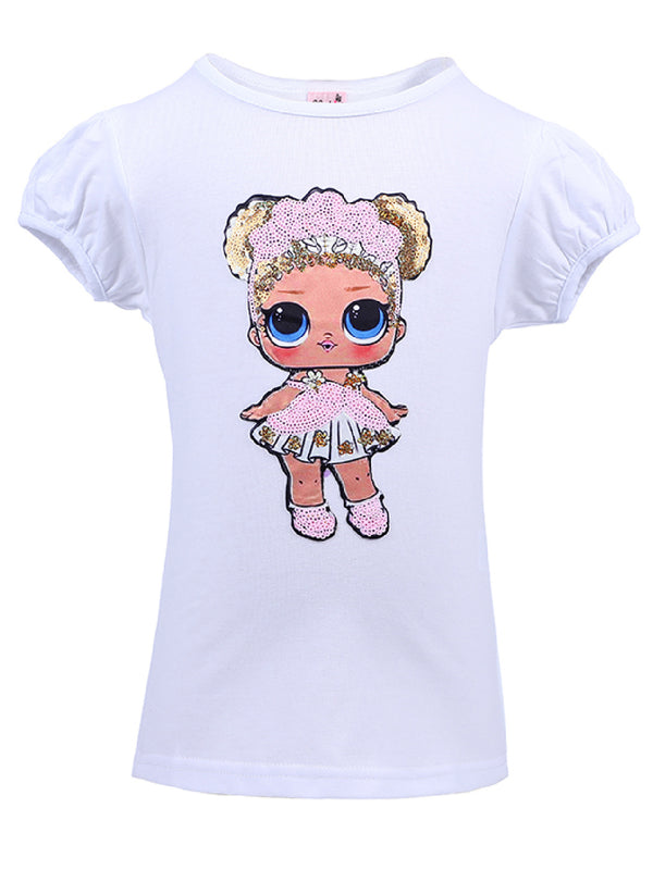 Girls White Flower Child LOL Sequins Short Sleeve Shirt 24M-10 - SophiasStyle.com