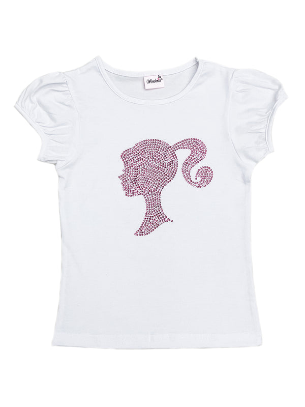 Girls White Barbie Rhinestone Short Sleeve Shirt 1T-10 - SophiasStyle.com