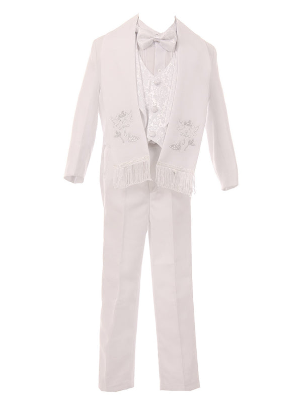 Rainkids Little Boys White 6-pc Silver Cross Embroidery Baptism Tuxedo Suit 2T-7 - SophiasStyle.com