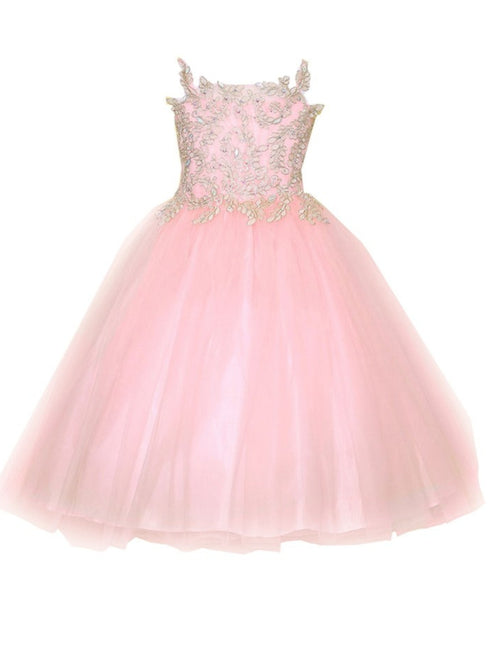 Flower Girl Dress with Gold Embroidered Top and Tulle Overlay Skirt, Sizes 2-16 - SophiasStyle.com