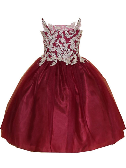 Flower Girl Dress with Gold Embroidered Top and Tulle Overlay Skirt, Sizes 2-16 - SophiasStyle.com