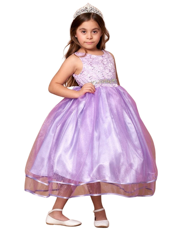 Big Girls Lilac Lace Sequin Belt Glitter Tulle Junior Bridesmaid Dress 8-16 - SophiasStyle.com