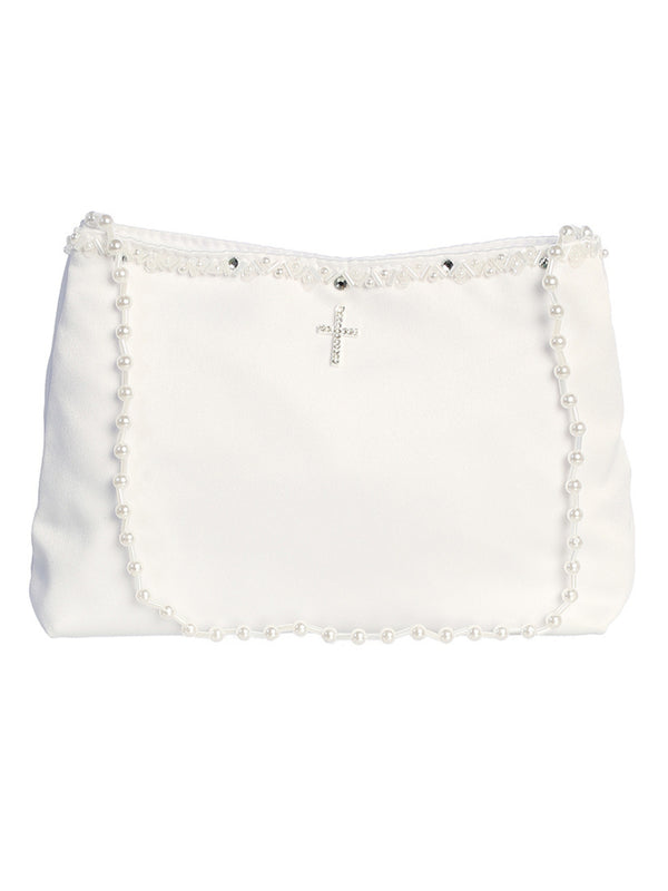 Tip Top Kids Girls White Rhinestone Cross Pocket Book Holy Communion Bag - SophiasStyle.com